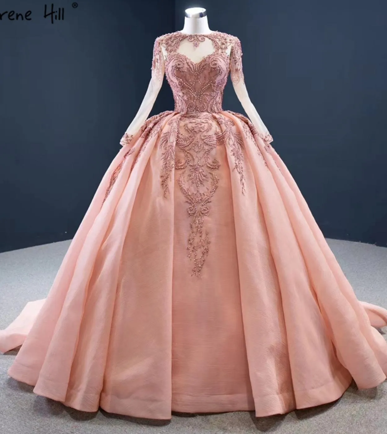 Abiti da sposa monospalla con perline di cristallo pesca di fascia alta maniche lunghe abiti da sposa con lacci Hm67160 Abito da