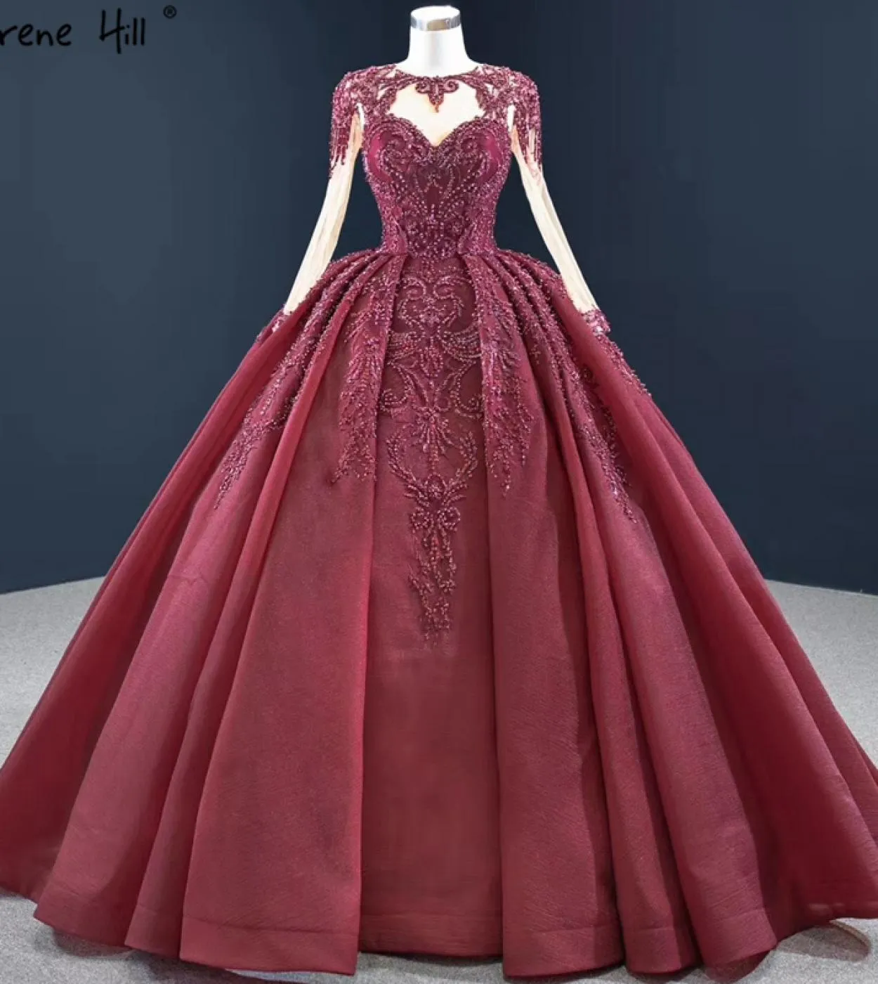 Abiti da sposa monospalla con perline di cristallo pesca di fascia alta maniche lunghe abiti da sposa con lacci Hm67160 Abito da