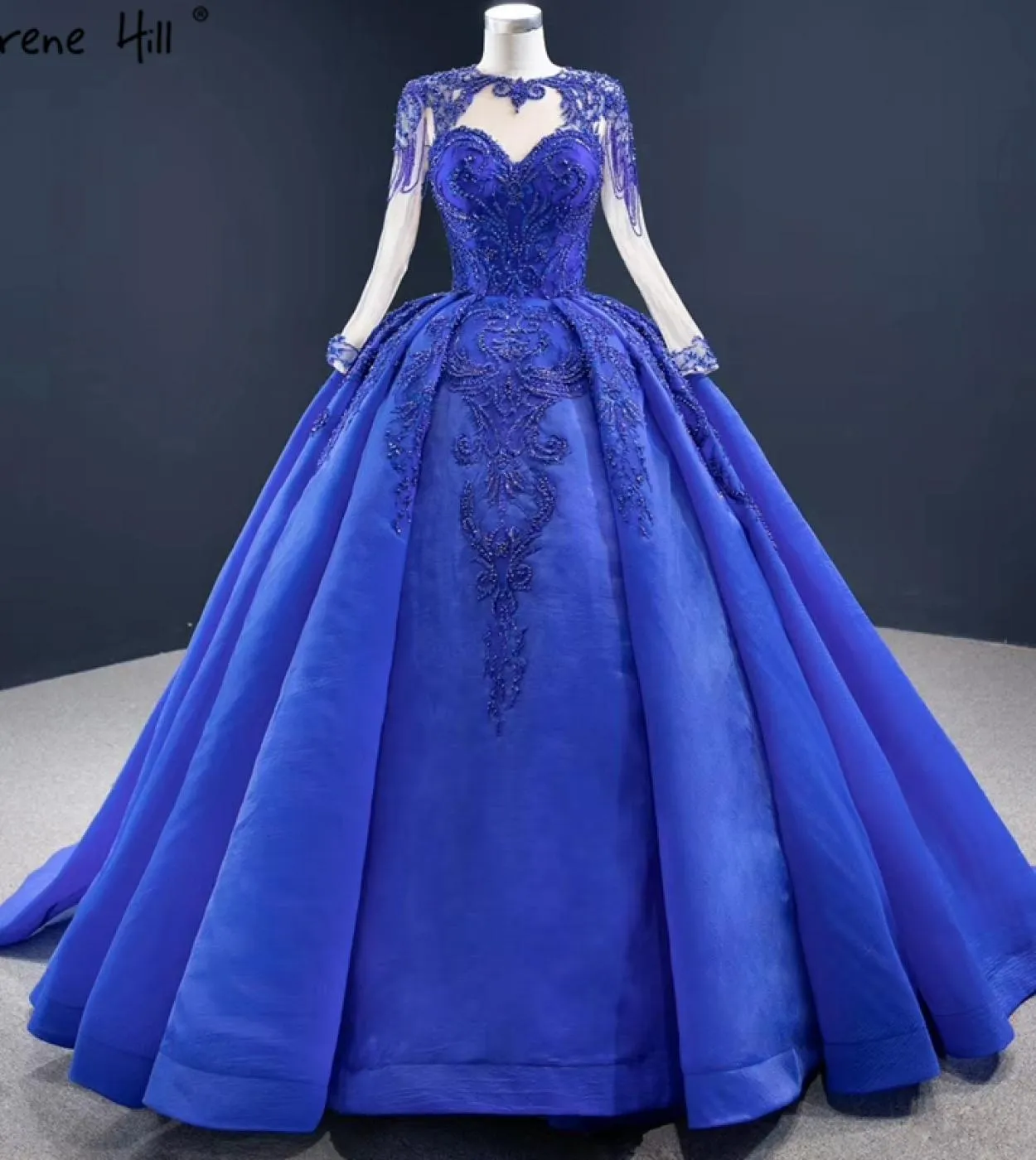 Abiti da sposa monospalla con perline di cristallo pesca di fascia alta maniche lunghe abiti da sposa con lacci Hm67160 Abito da