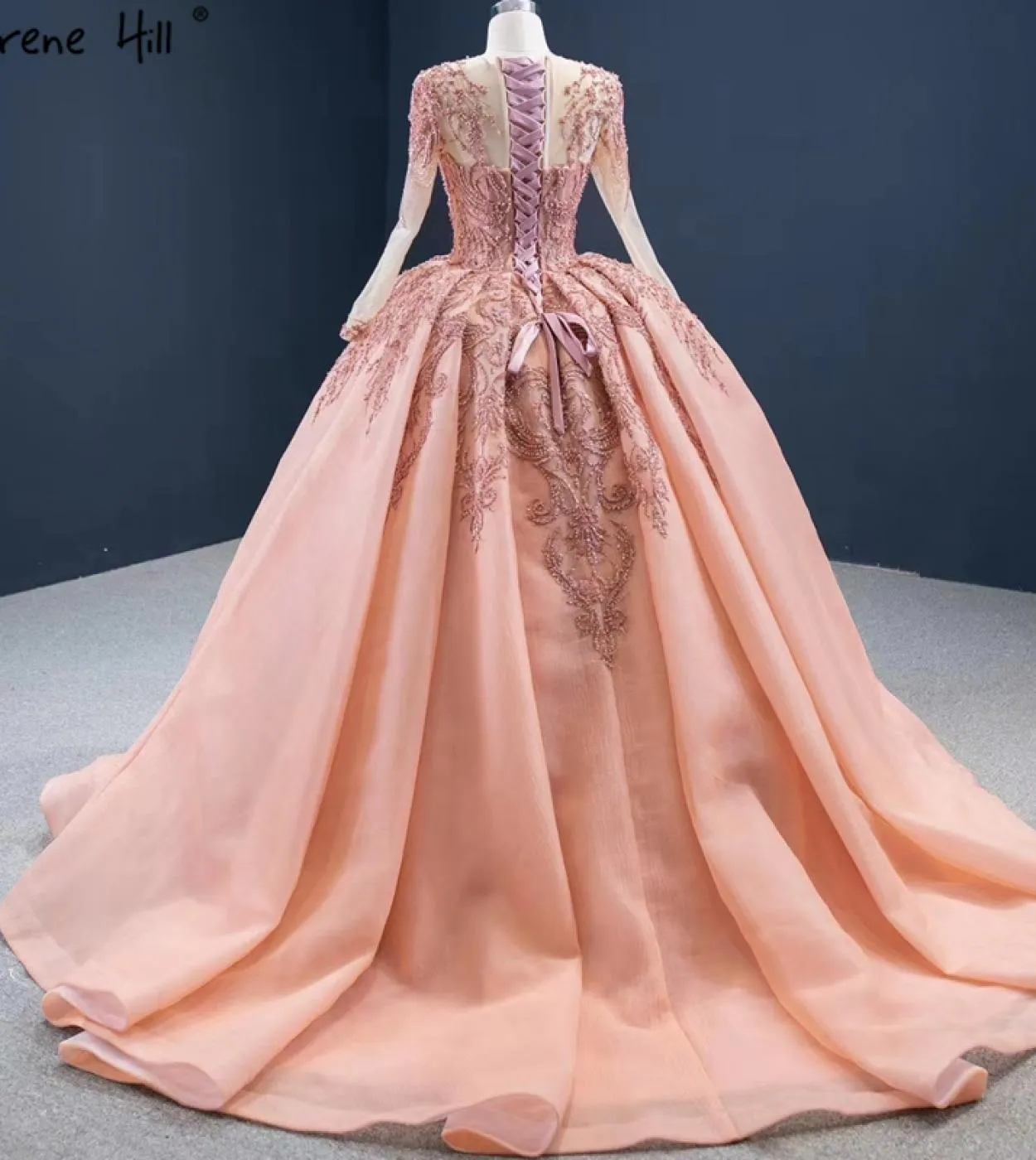 Abiti da sposa monospalla con perline di cristallo pesca di fascia alta maniche lunghe abiti da sposa con lacci Hm67160 Abito da