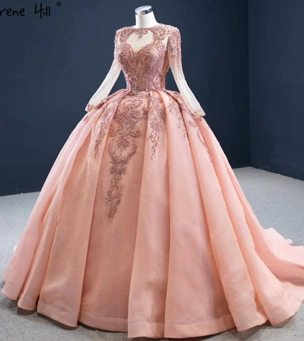 Abiti da sposa monospalla con perline di cristallo pesca di fascia alta maniche lunghe abiti da sposa con lacci Hm67160 Abito da