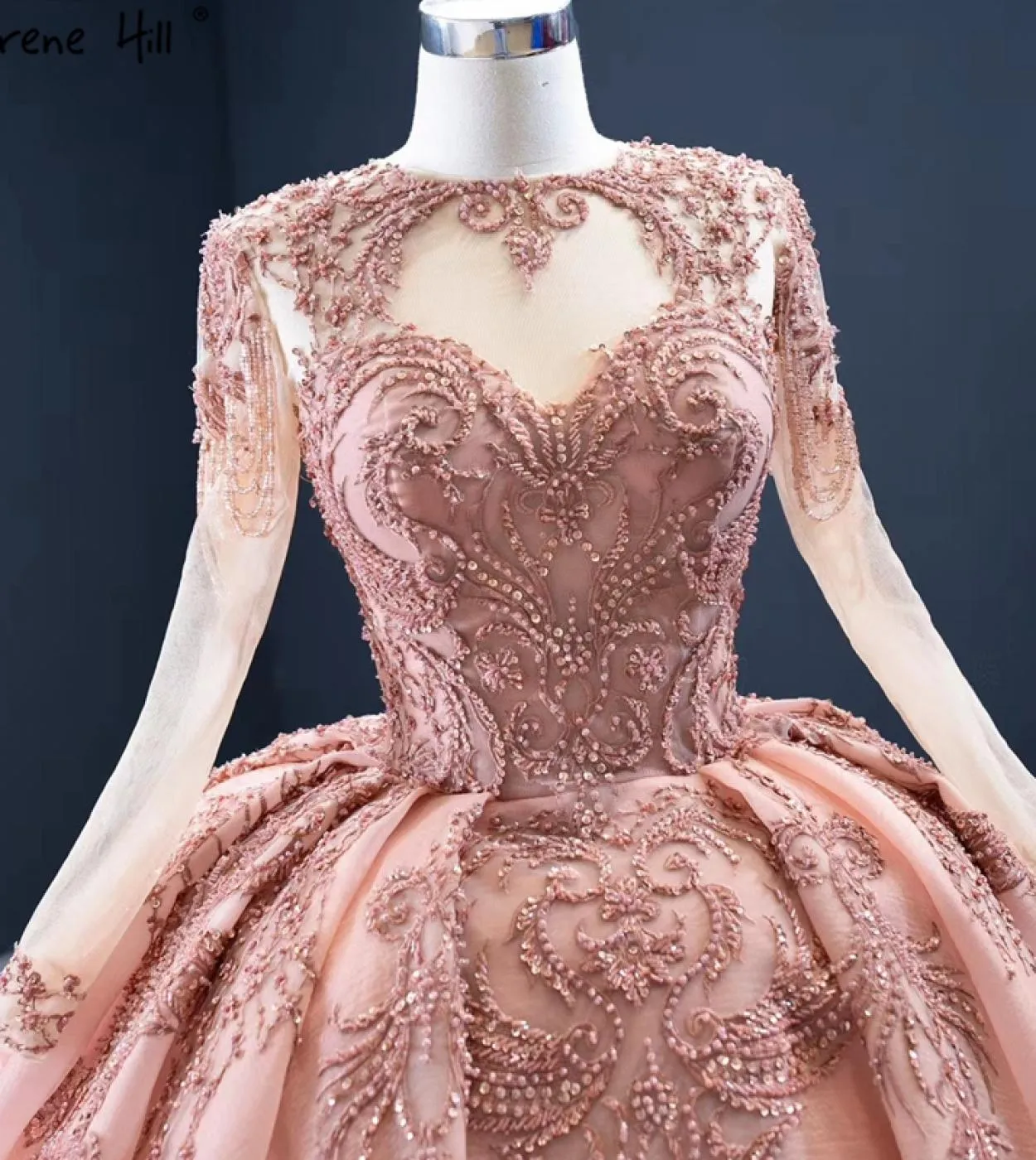 Abiti da sposa monospalla con perline di cristallo pesca di fascia alta maniche lunghe abiti da sposa con lacci Hm67160 Abito da