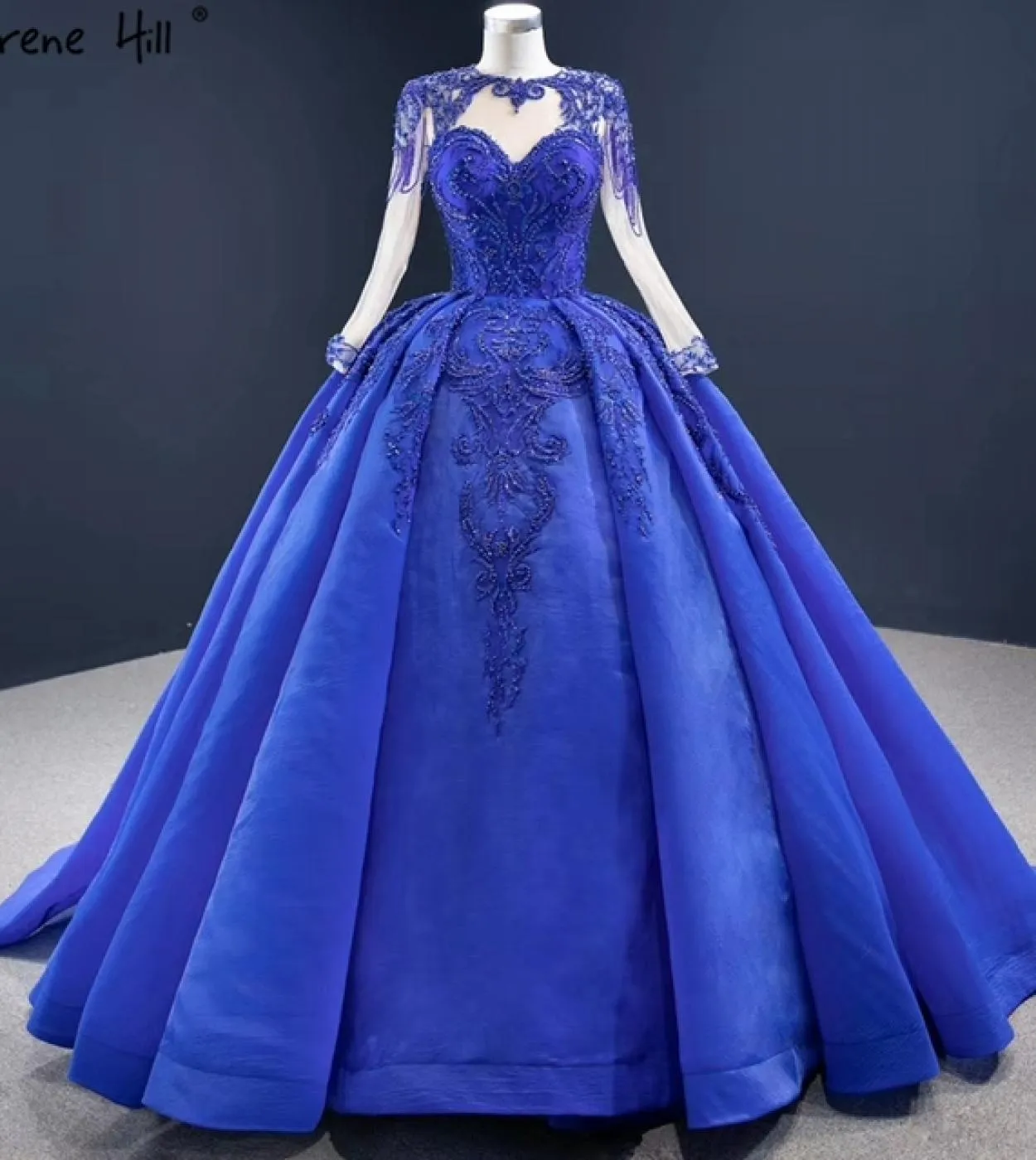 Abiti da sposa monospalla con perline di cristallo pesca di fascia alta maniche lunghe abiti da sposa con lacci Hm67160 Abito da