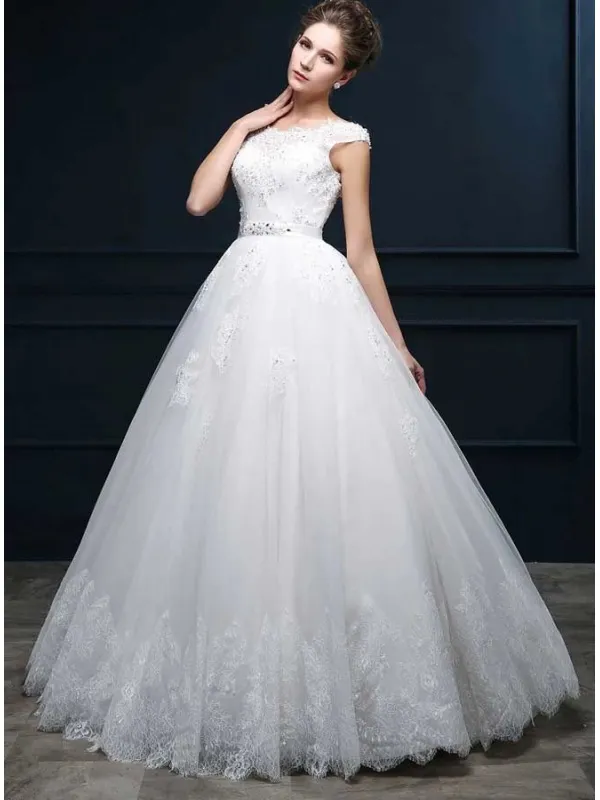 Abito da Sposa con gonna vaporosa Online elegante in tulle e pizzo Girocollo