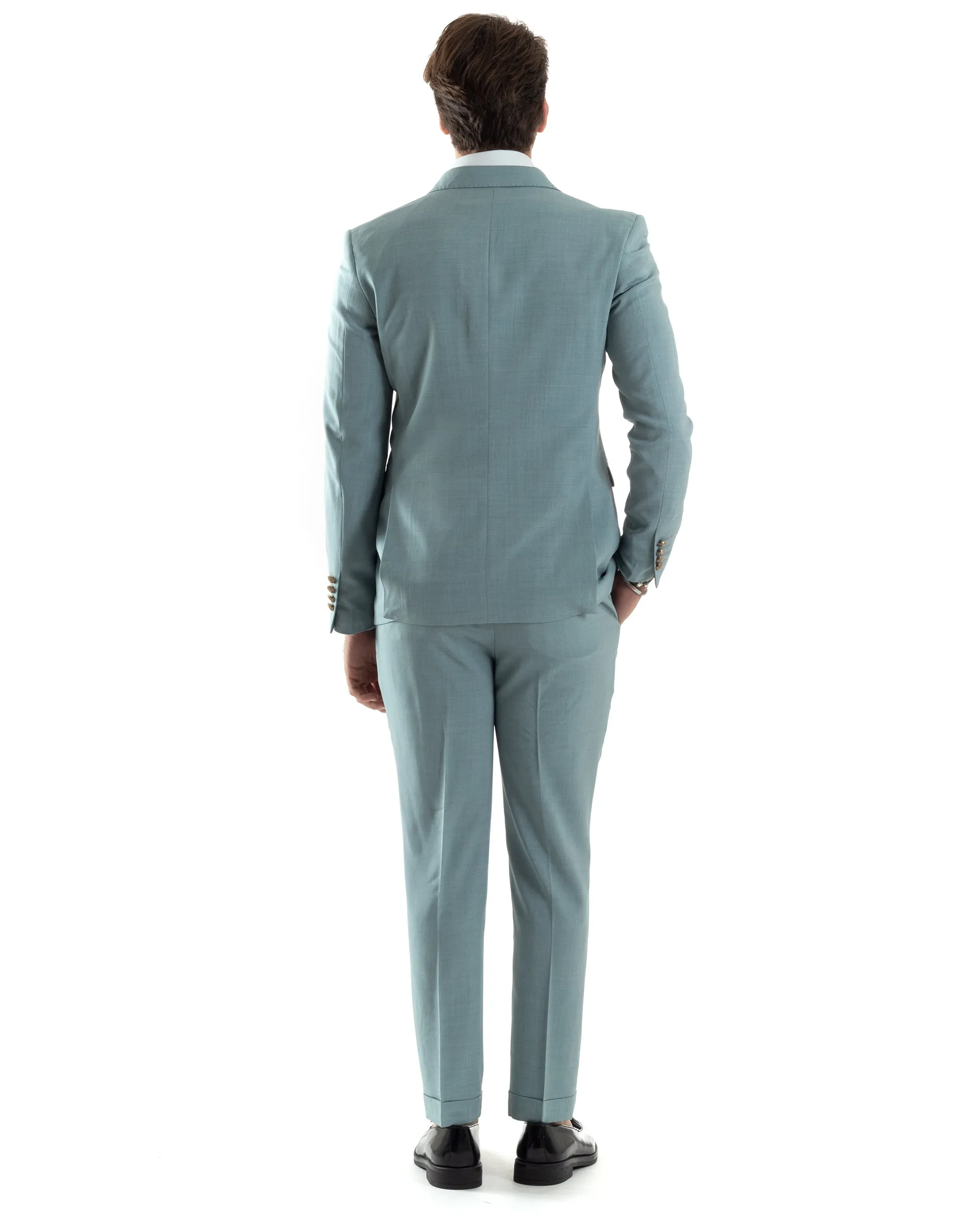 Abito Uomo Doppiopetto Vestito Completo Giacca Pantaloni Bottoni Metallo Verde Acqua Melangiato Elegante Casual GIOSAL-AE1046A