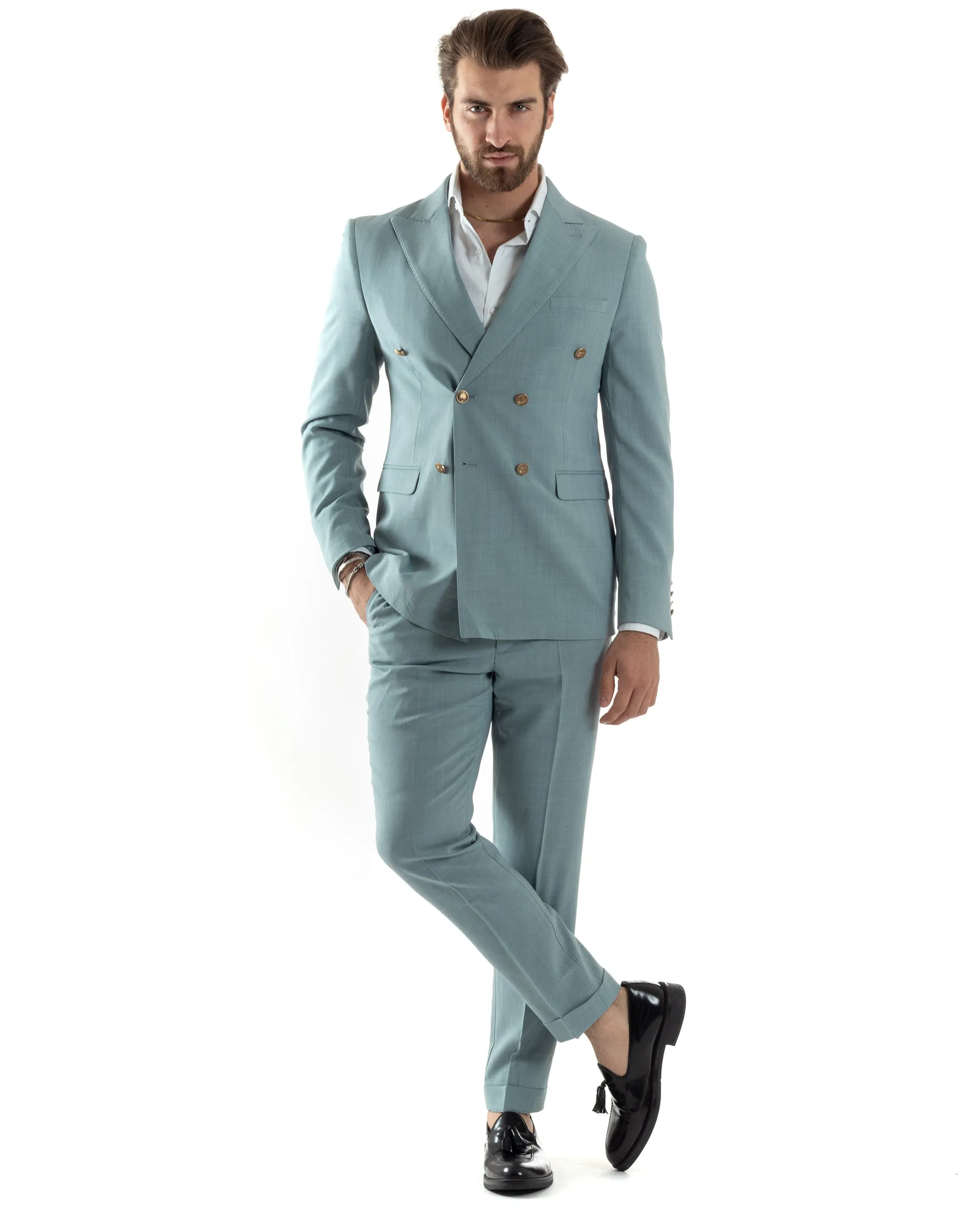Abito Uomo Doppiopetto Vestito Completo Giacca Pantaloni Bottoni Metallo Verde Acqua Melangiato Elegante Casual GIOSAL-AE1046A