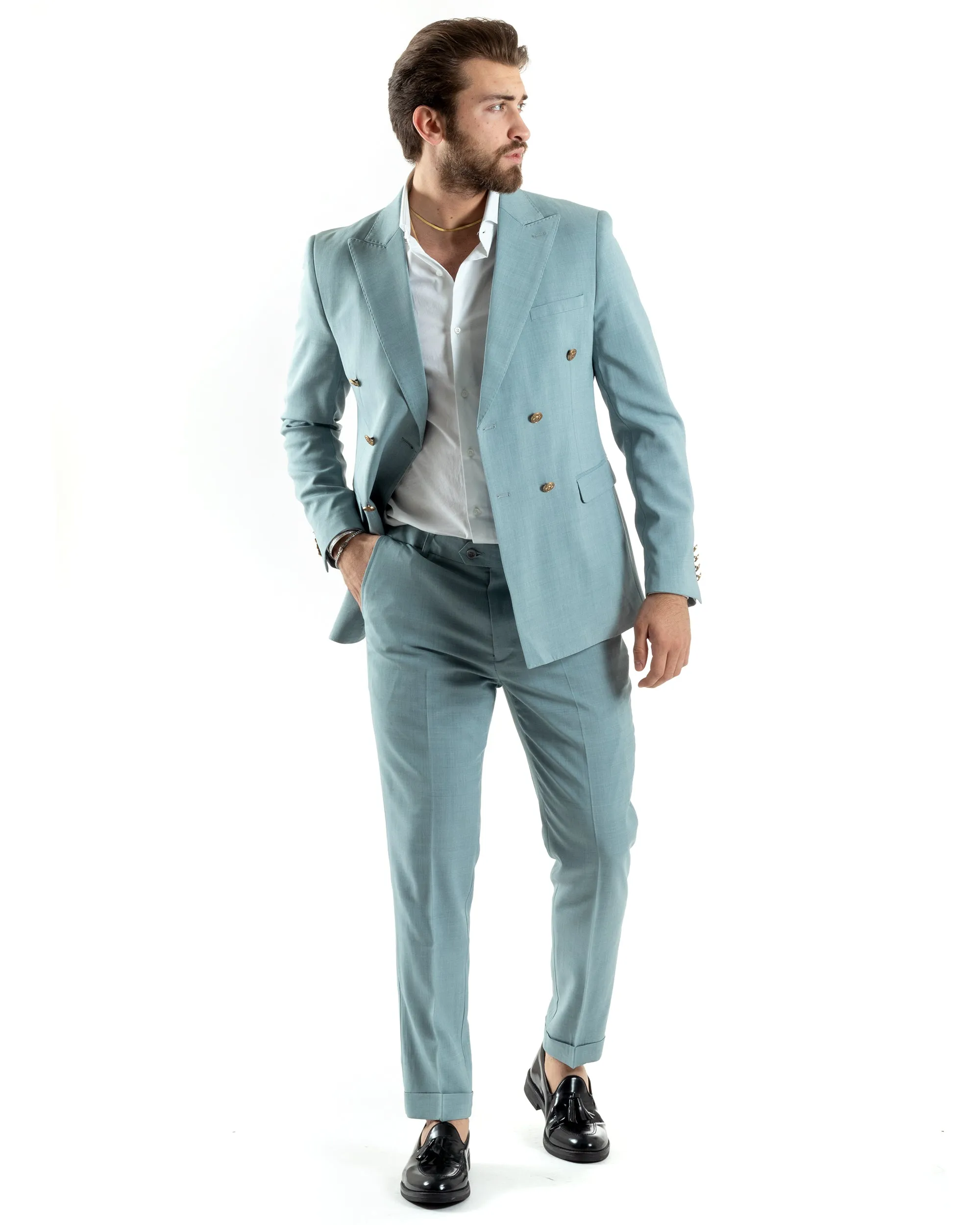 Abito Uomo Doppiopetto Vestito Completo Giacca Pantaloni Bottoni Metallo Verde Acqua Melangiato Elegante Casual GIOSAL-AE1046A