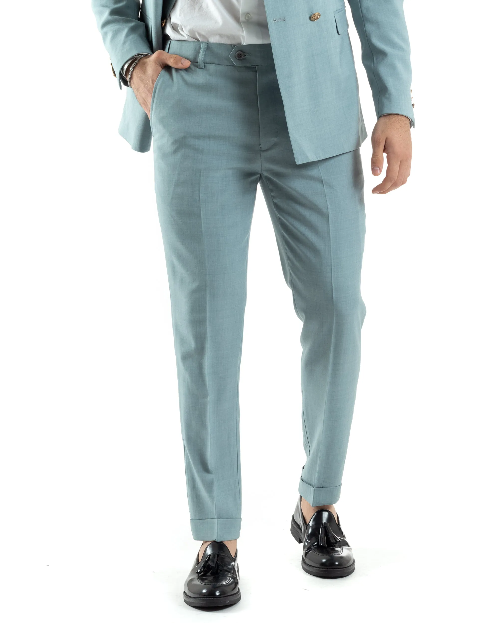 Abito Uomo Doppiopetto Vestito Completo Giacca Pantaloni Bottoni Metallo Verde Acqua Melangiato Elegante Casual GIOSAL-AE1046A