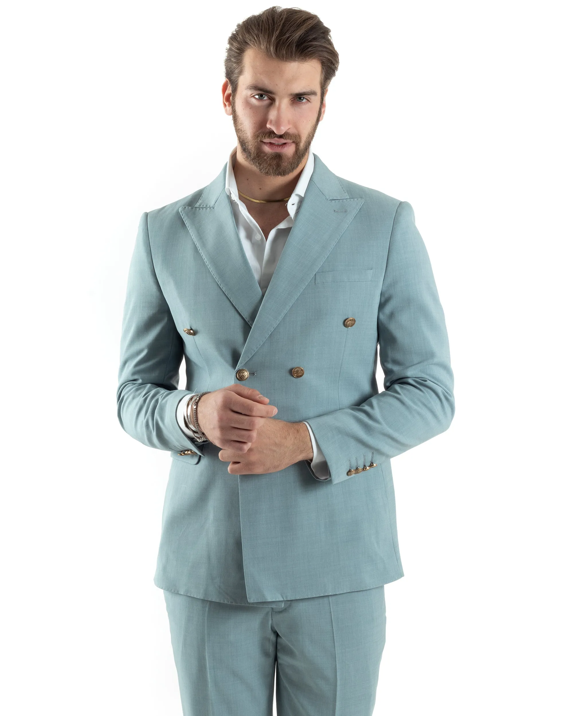 Abito Uomo Doppiopetto Vestito Completo Giacca Pantaloni Bottoni Metallo Verde Acqua Melangiato Elegante Casual GIOSAL-AE1046A