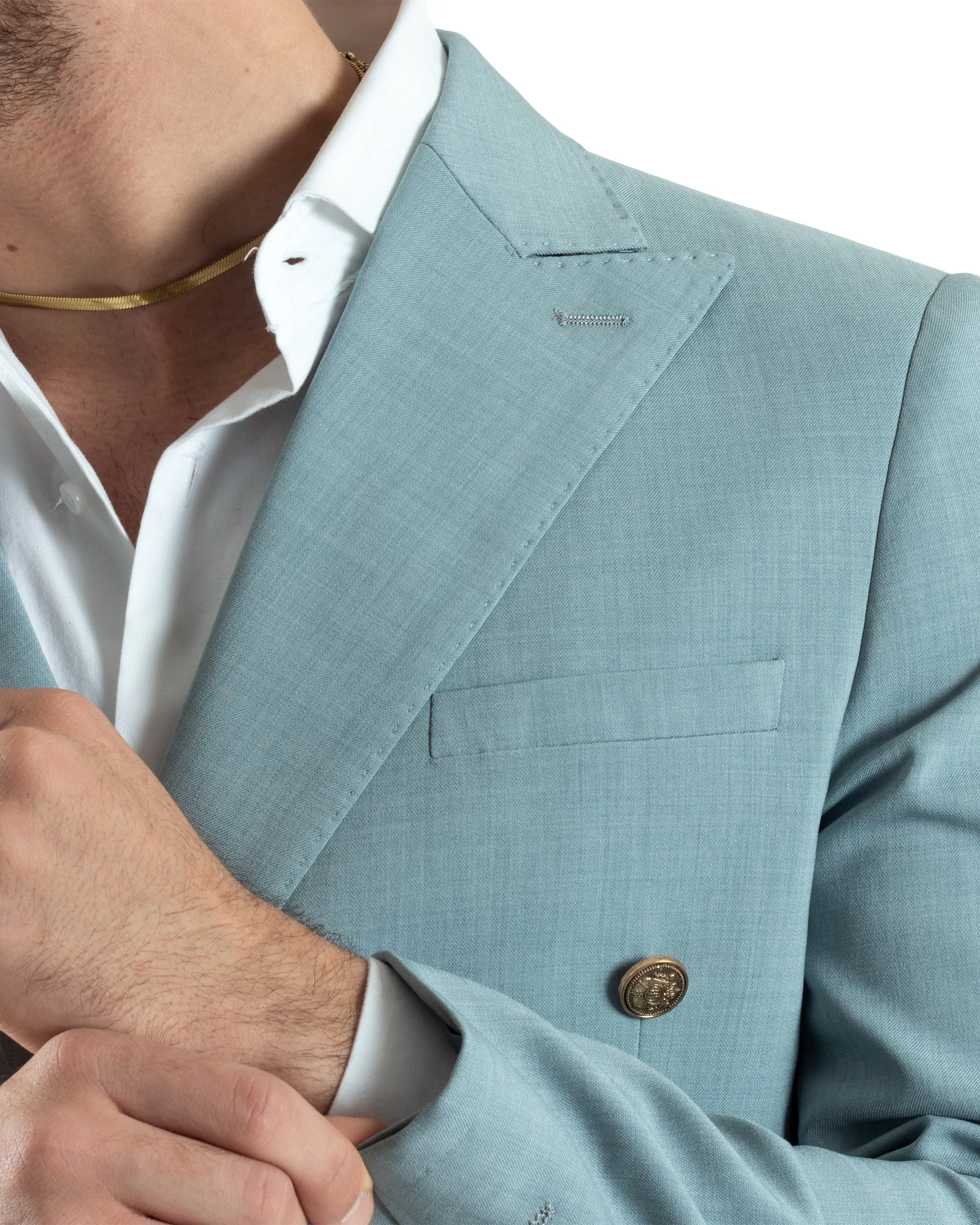 Abito Uomo Doppiopetto Vestito Completo Giacca Pantaloni Bottoni Metallo Verde Acqua Melangiato Elegante Casual GIOSAL-AE1046A