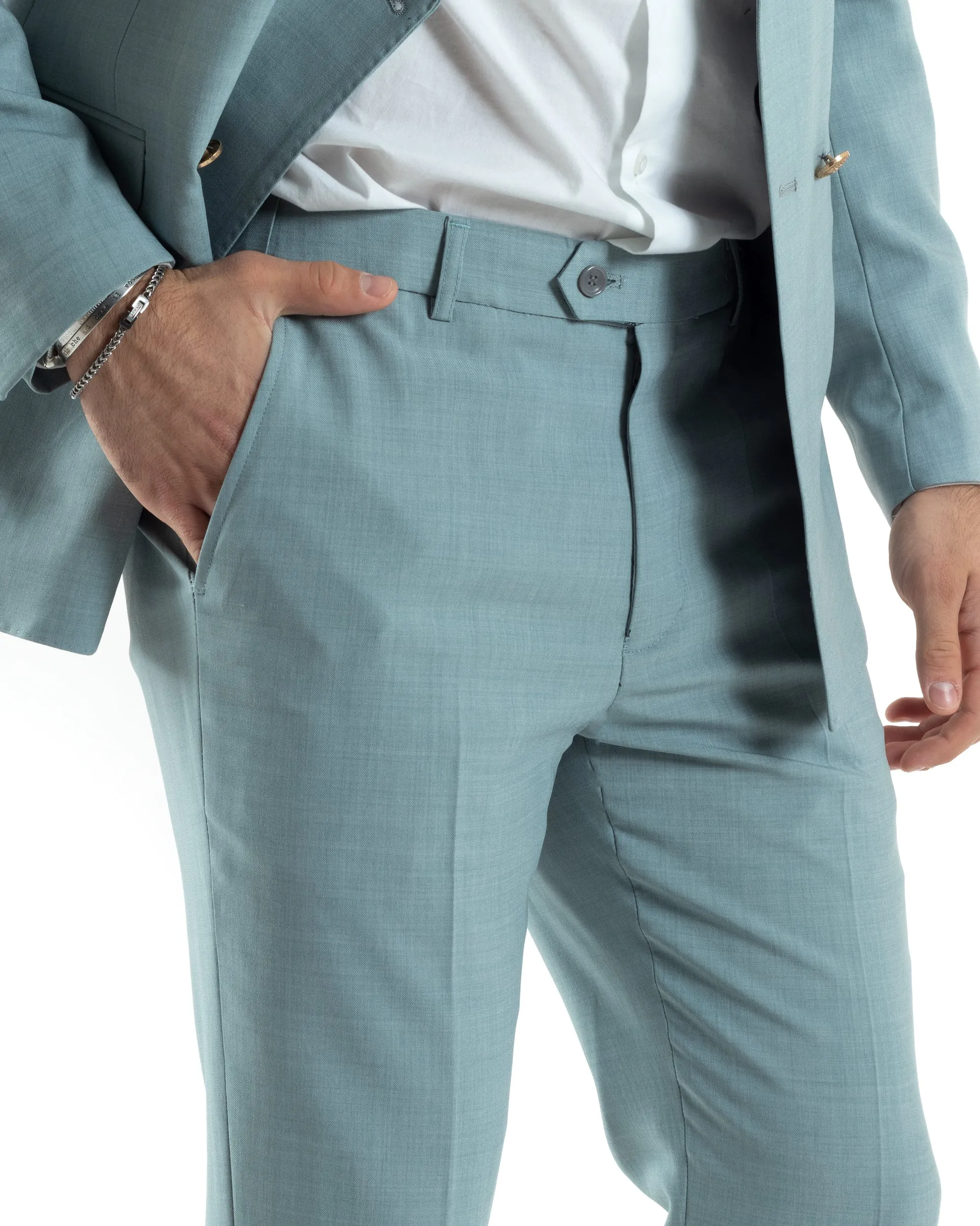 Abito Uomo Doppiopetto Vestito Completo Giacca Pantaloni Bottoni Metallo Verde Acqua Melangiato Elegante Casual GIOSAL-AE1046A