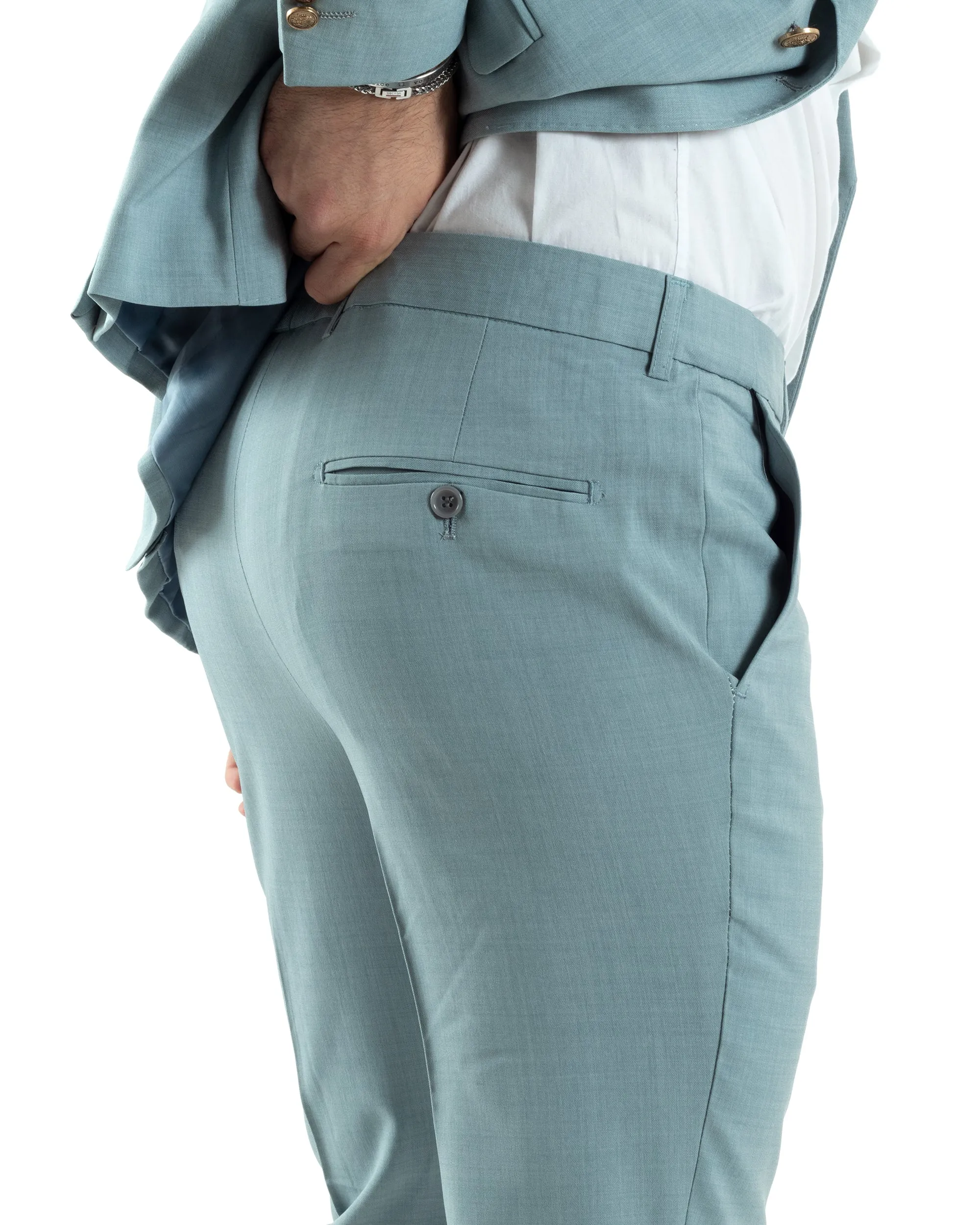 Abito Uomo Doppiopetto Vestito Completo Giacca Pantaloni Bottoni Metallo Verde Acqua Melangiato Elegante Casual GIOSAL-AE1046A