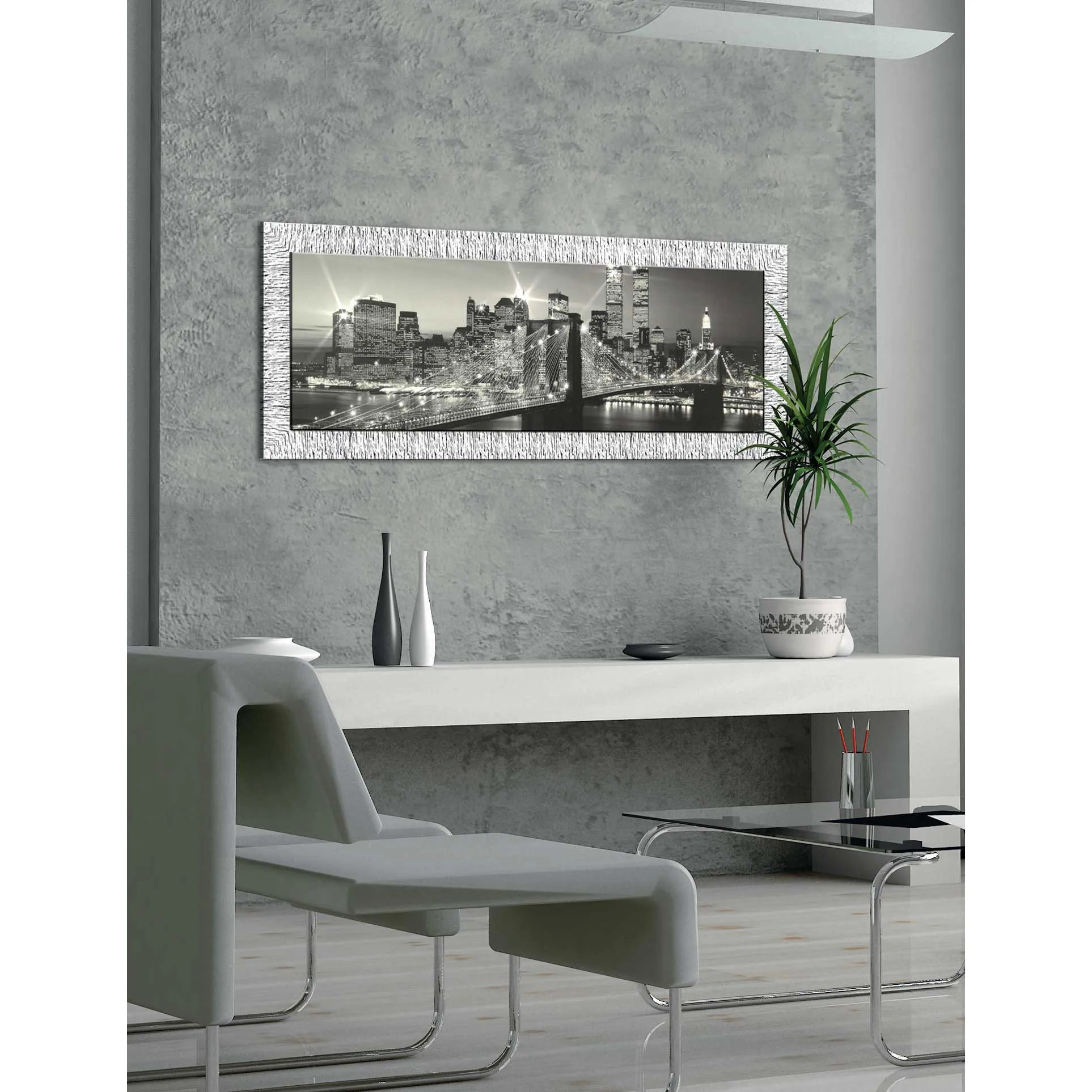 Artitalia  Quadro materico moderno con cornice argento glitterato con strass 154x64