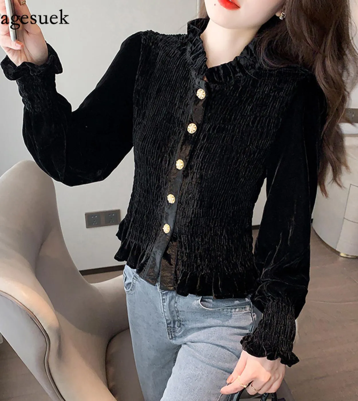 Camicia da donna in velluto autunno e inverno moda Nuova camicetta elegante plissettata slim fit Top da donna a maniche lunghe 1
