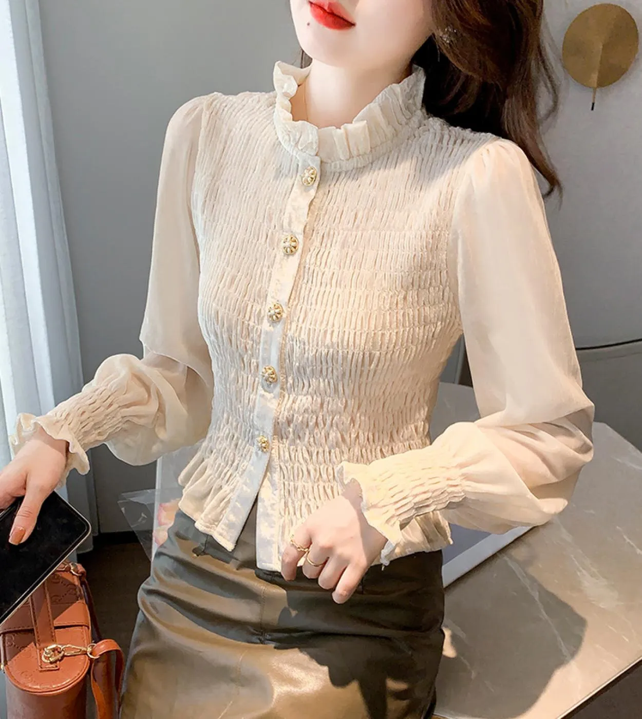 Camicia da donna in velluto autunno e inverno moda Nuova camicetta elegante plissettata slim fit Top da donna a maniche lunghe 1