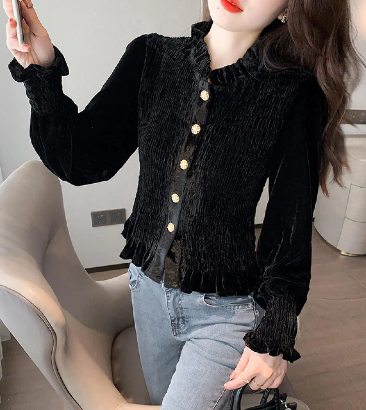 Camicia da donna in velluto autunno e inverno moda Nuova camicetta elegante plissettata slim fit Top da donna a maniche lunghe 1