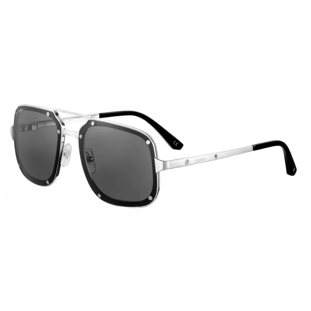 Cartier - Rettangolari - Metallo Platino Lucida Lenti Grigie - Santos de Cartier - Occhiali da Sole - Cartier Eyewear