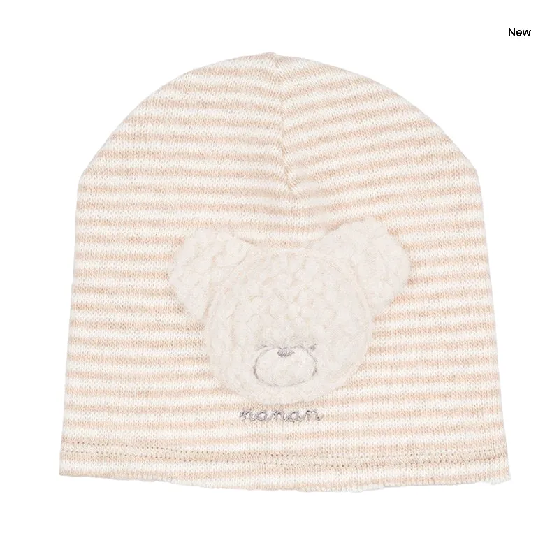 Cuffia a righe beige con orsetto per neonati