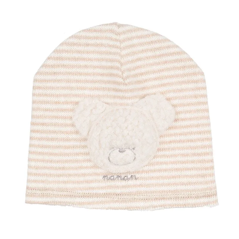Cuffia a righe beige con orsetto per neonati