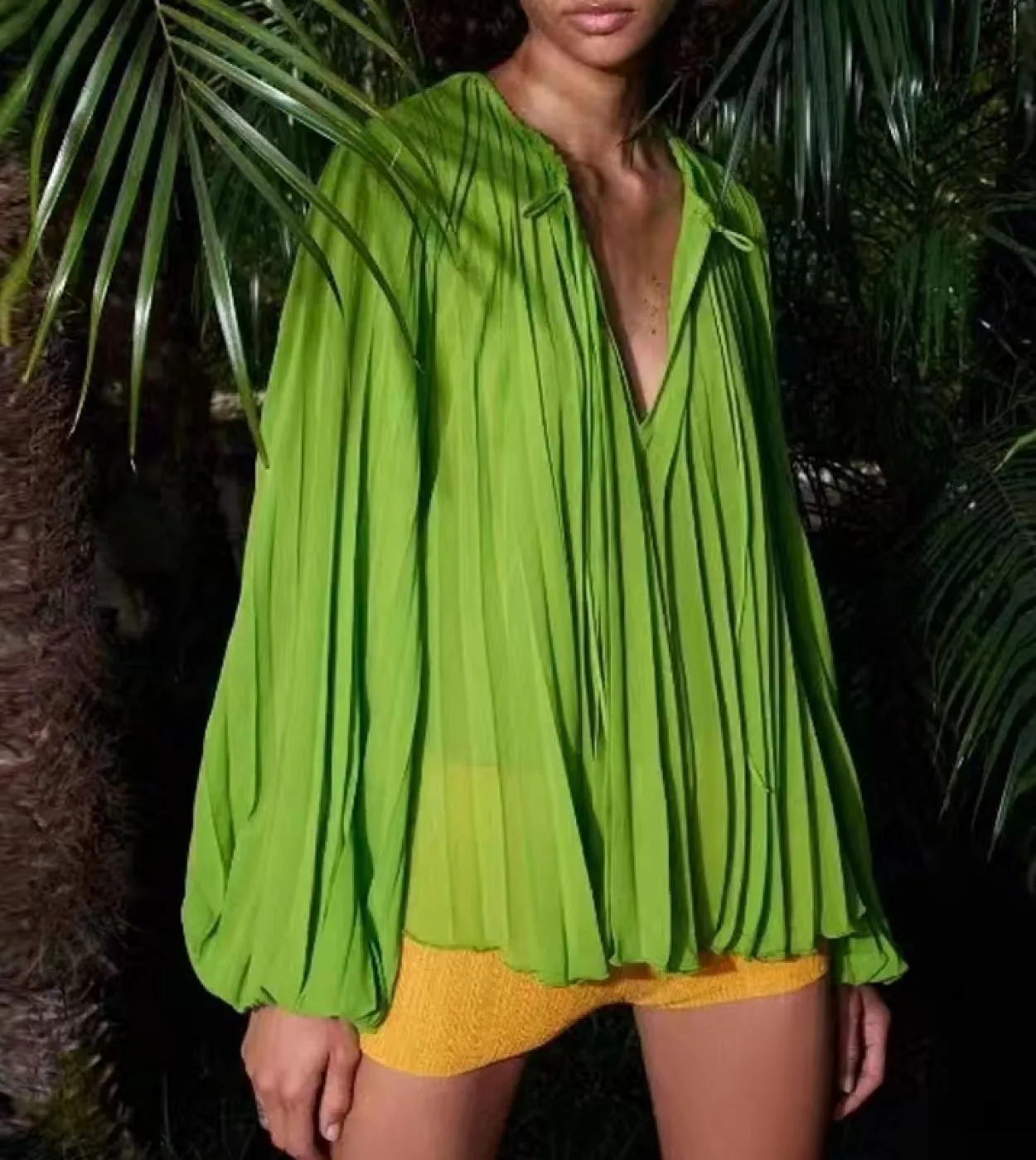 Elegante camicetta copricostume verde plissettata donna 2023 lanterna manica lunga camicie larghe donna estate top mujer panno d