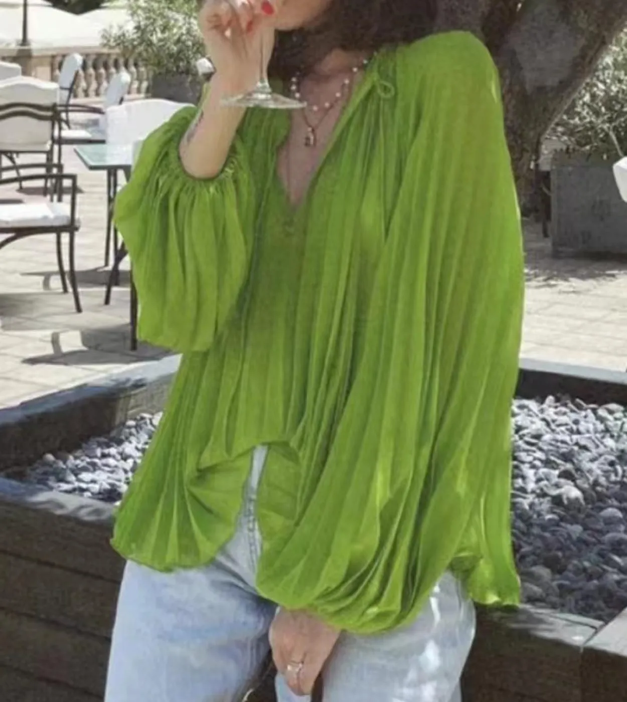 Elegante camicetta copricostume verde plissettata donna 2023 lanterna manica lunga camicie larghe donna estate top mujer panno d