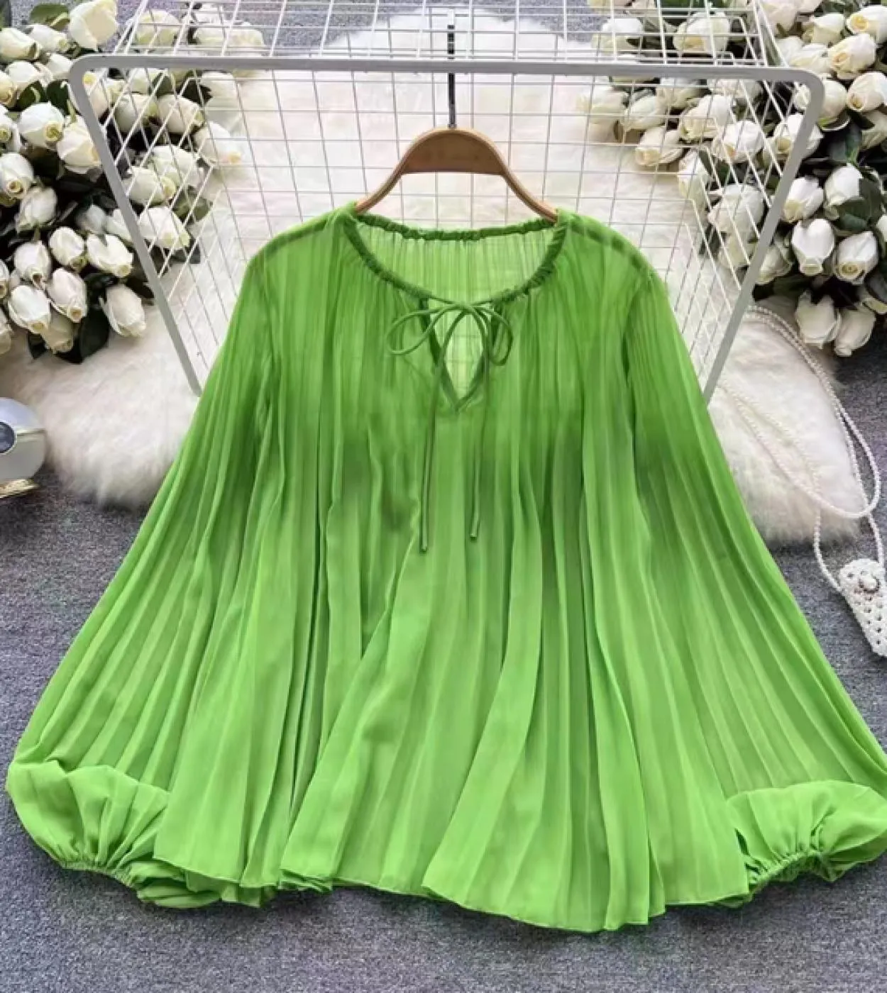 Elegante camicetta copricostume verde plissettata donna 2023 lanterna manica lunga camicie larghe donna estate top mujer panno d