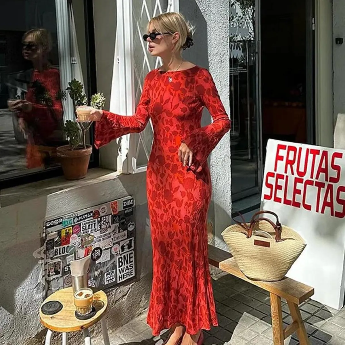 Estate elegante stampa floreale manica svasata maxi abito donna chiffon O collo cravatta tinta sottile femminile 2024 festa in s