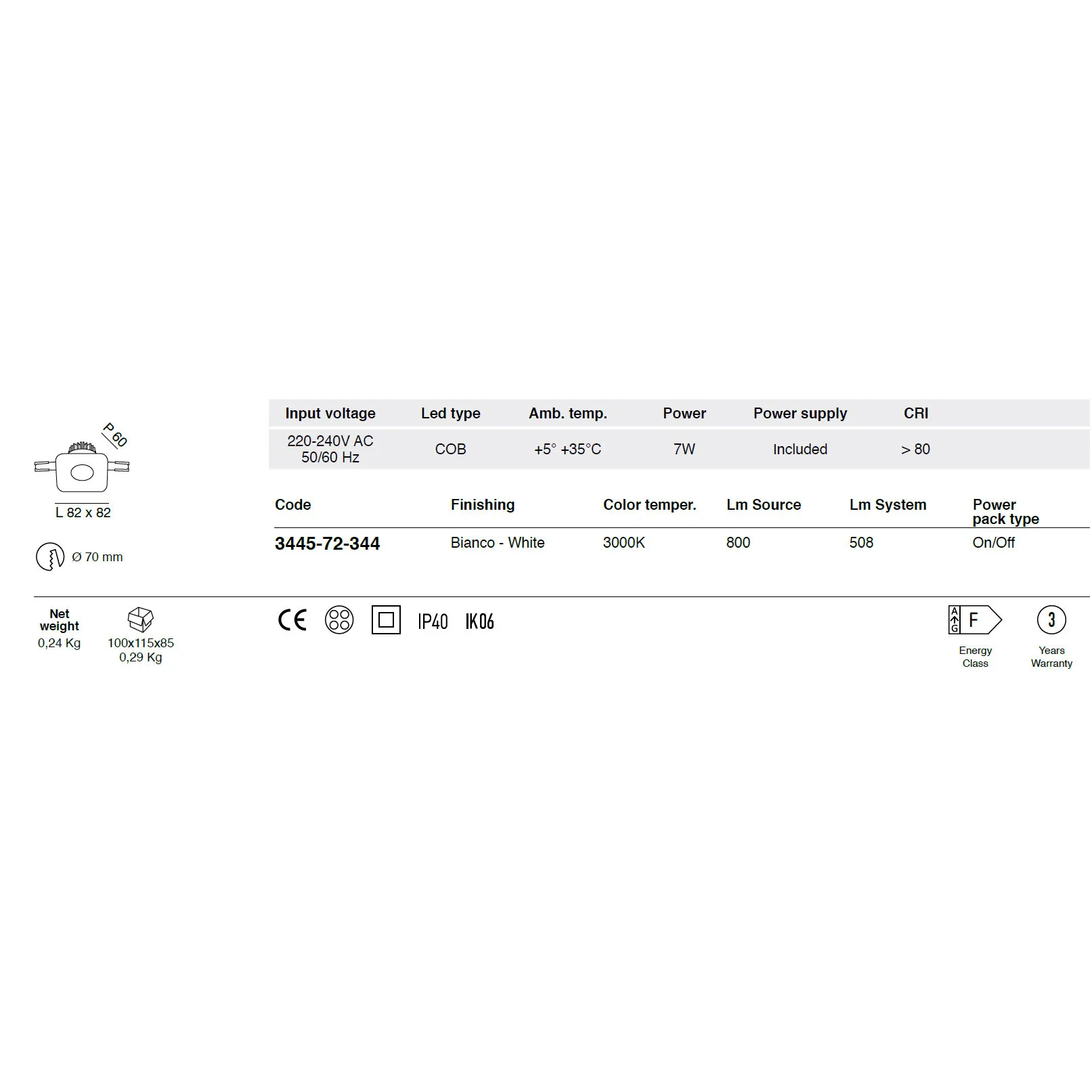 Fabas Luce  Faretto da incasso quadrato con struttura in alluminio e lampada a LED Sigma - 7W - 3000k Luce Calda