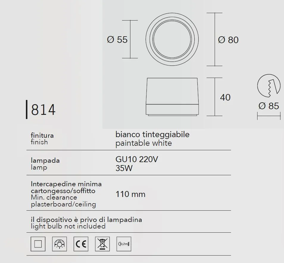 Faretto In Gesso Bianco Incasso Per Controsoffitto Rotondo 8 cm Isyluce 814