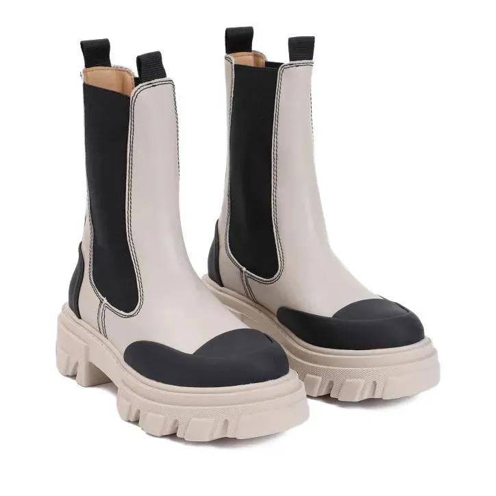 GANNI Cleated Mid Chelsea Taupe Recycled Leather Boots Neutrals 