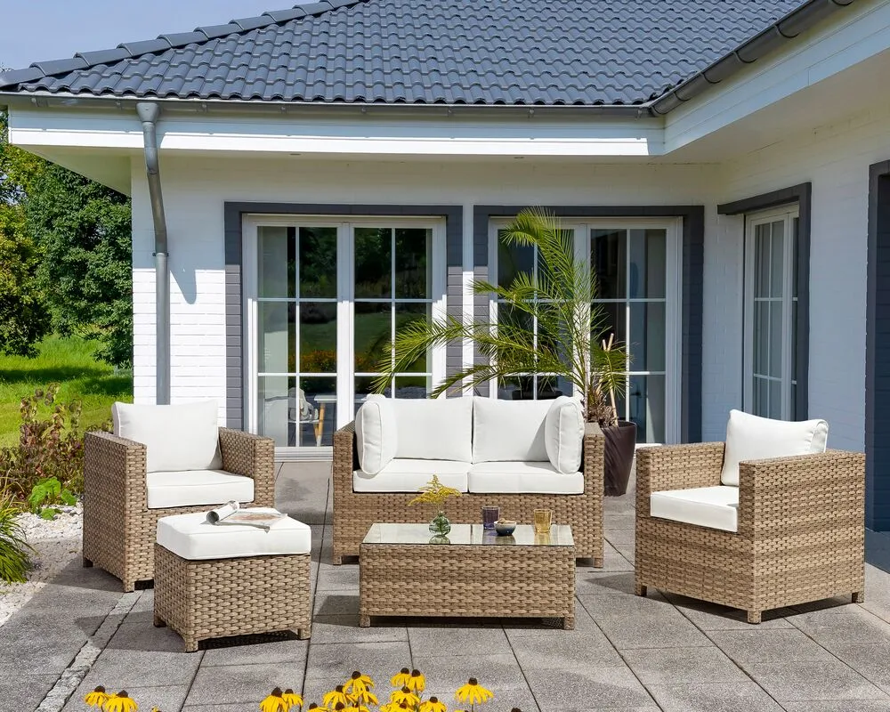 Garden Lounge Set with Table and Ottoman 4 Seater MILANO PE Rattan Off-White