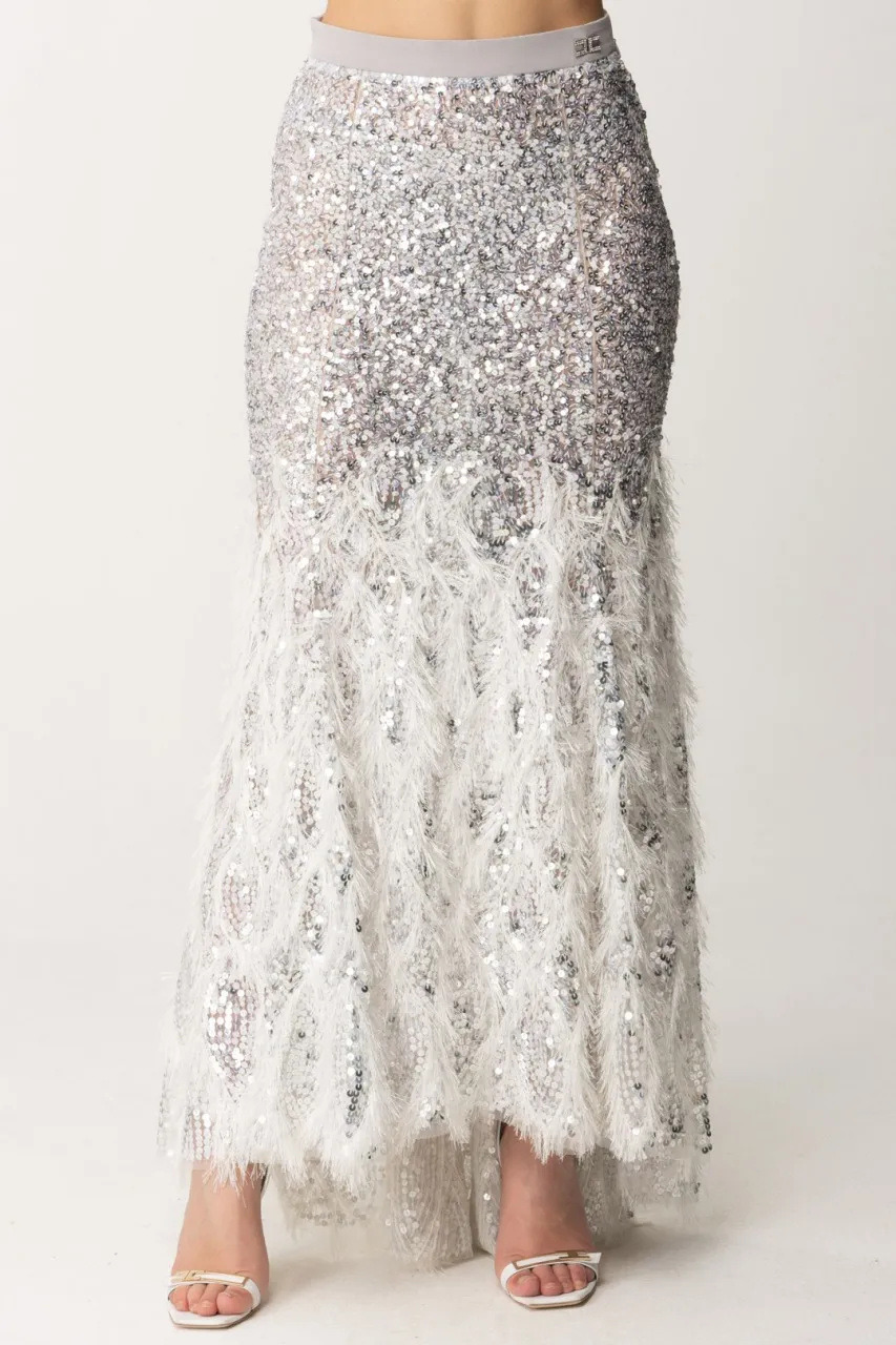 Gonna a sirena con paillettes e piumette Argento