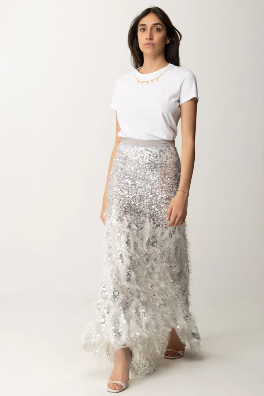 Gonna a sirena con paillettes e piumette Argento