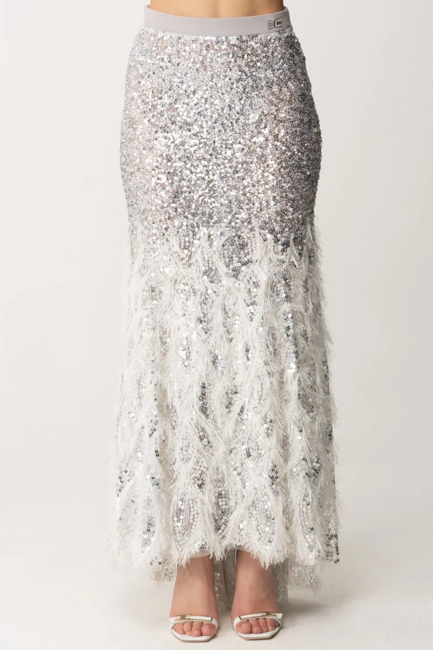 Gonna a sirena con paillettes e piumette Argento