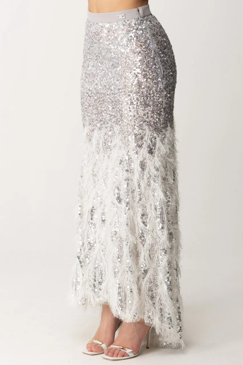 Gonna a sirena con paillettes e piumette Argento