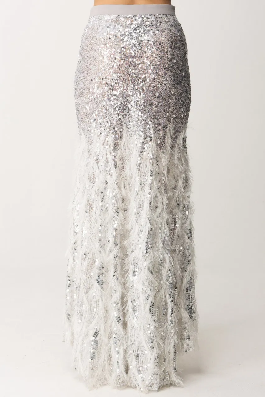 Gonna a sirena con paillettes e piumette Argento