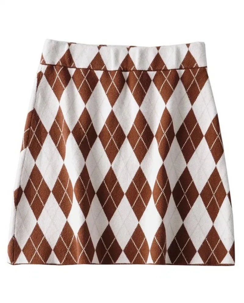 Gonna corta in maglia scozzese a quadri con motivo geometrico Gonna corta a vita alta elasticizzata da donna retrò
