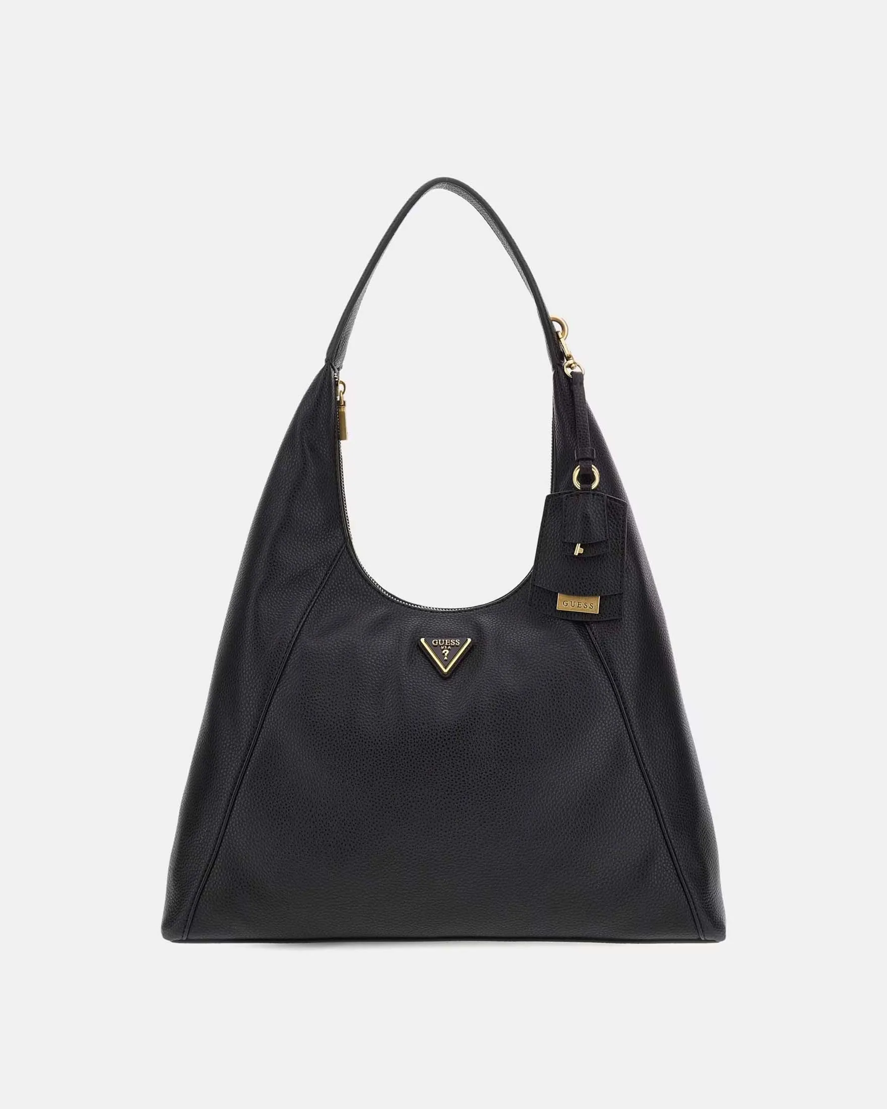 Hobo bag nera in similpelle martellata con logo frontale con charm applicato in coordinato
