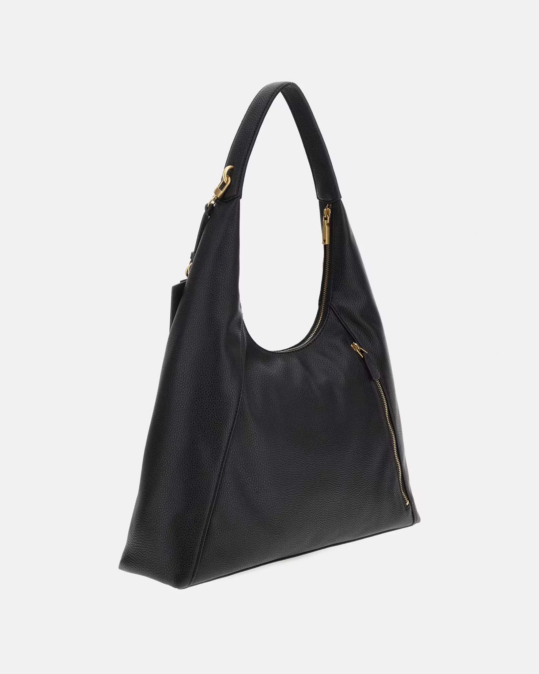 Hobo bag nera in similpelle martellata con logo frontale con charm applicato in coordinato