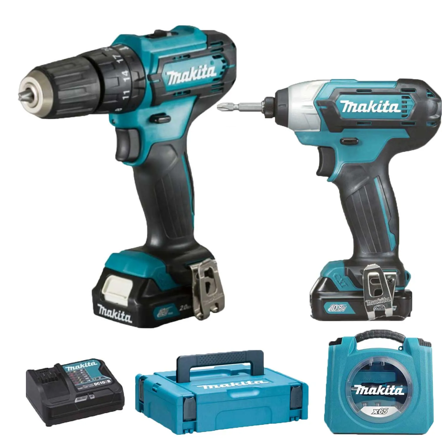Kit Makita clx228aj+combo65access con trapano avvitatore hp333d + avvitatore ad impulsi td101d + 2 batterie bl1021 + caricabatte
