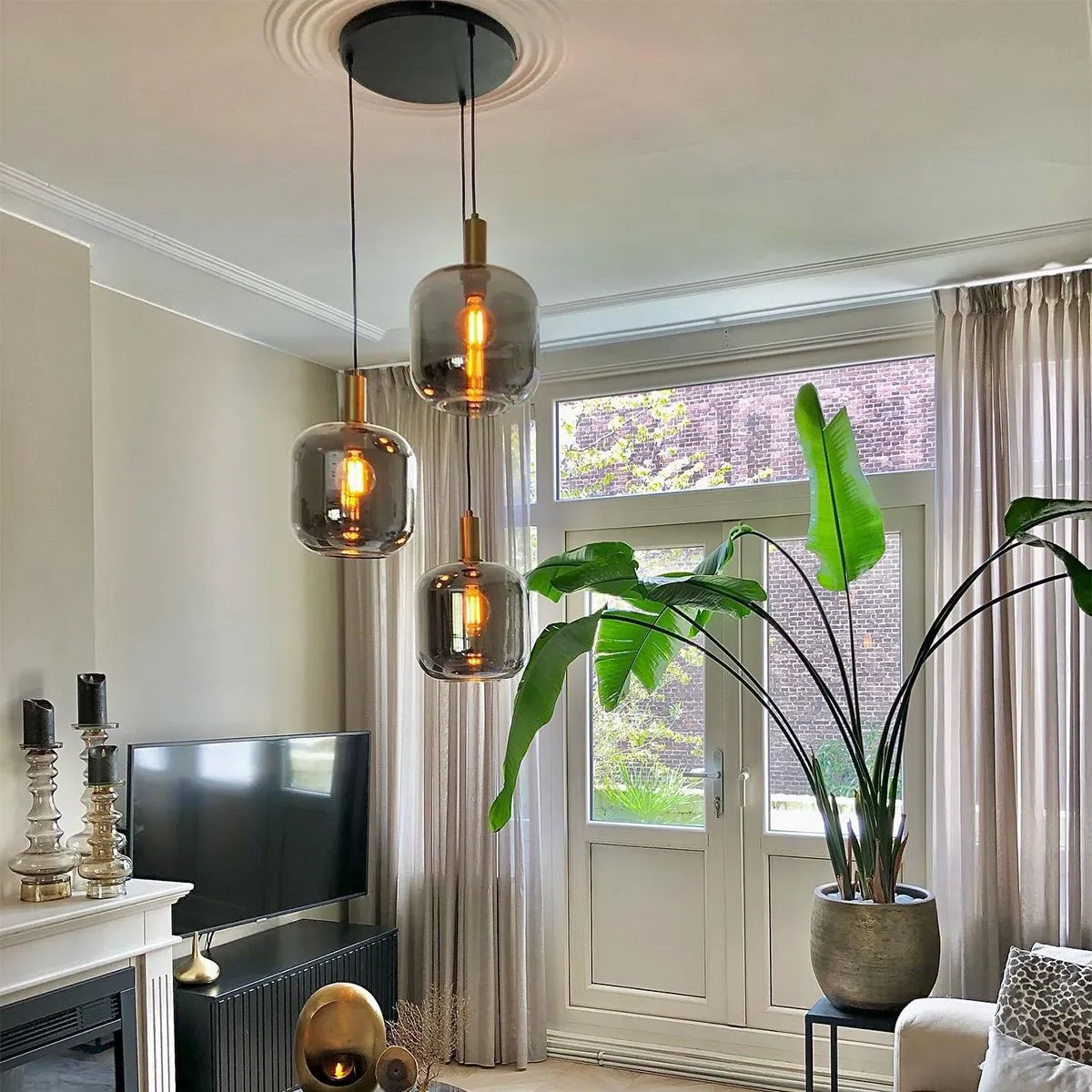 Lampada a sospensione di design nera con oro con vetro fumé 3 luci - Zuzanna