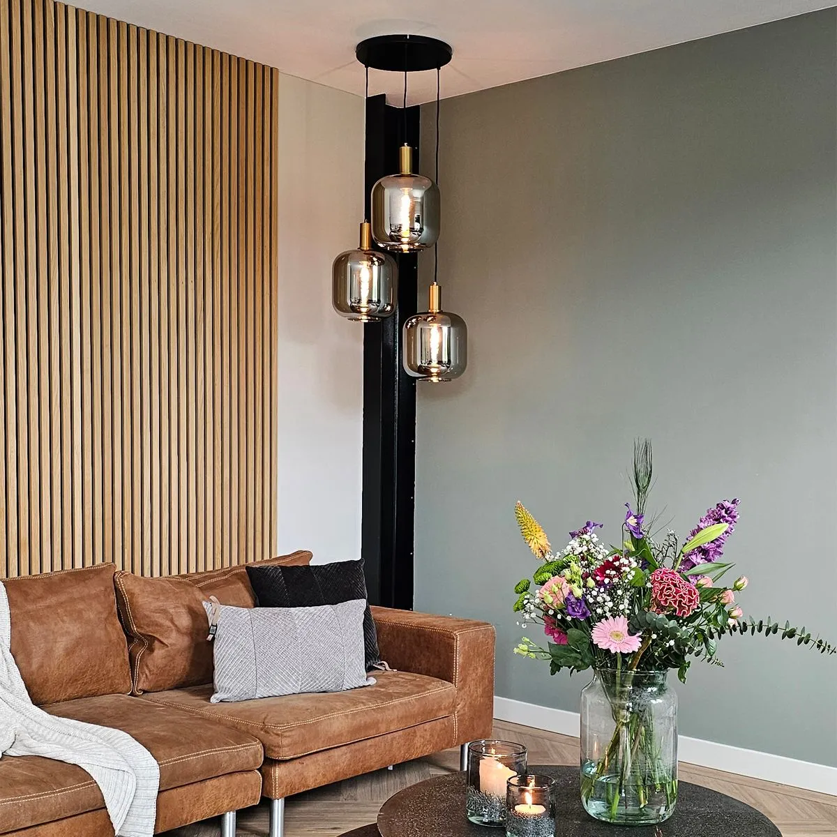 Lampada a sospensione di design nera con oro con vetro fumé 3 luci - Zuzanna