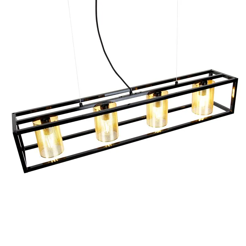 Lampada a sospensione industriale nera con 4 luci oro - Cage Tess
