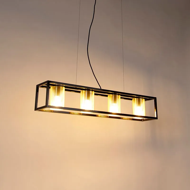 Lampada a sospensione industriale nera con 4 luci oro - Cage Tess
