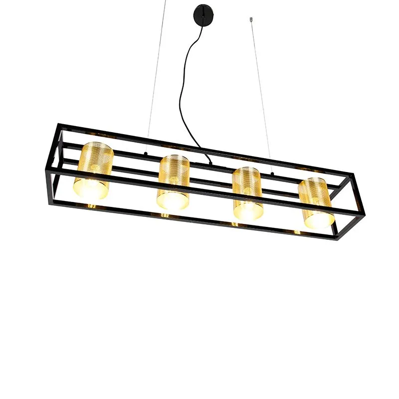Lampada a sospensione industriale nera con 4 luci oro - Cage Tess