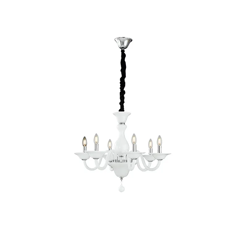 Lampadario in vetro soffiato satinato con finiture cromate, 6 luci Bianco/Cromo 6Xe14 66X120Cm