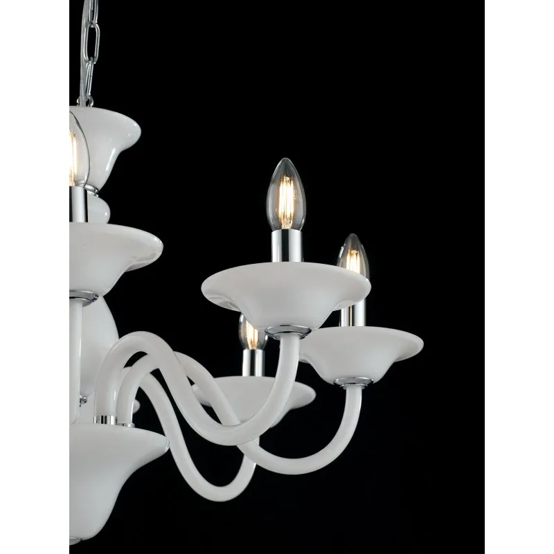 Lampadario in vetro soffiato satinato con finiture cromate, 6 luci Bianco/Cromo 6Xe14 66X120Cm