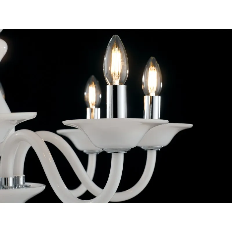 Lampadario in vetro soffiato satinato con finiture cromate, 6 luci Bianco/Cromo 6Xe14 66X120Cm