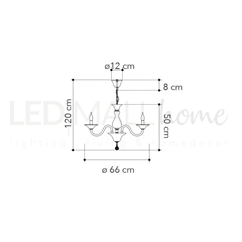 Lampadario in vetro soffiato satinato con finiture cromate, 6 luci Bianco/Cromo 6Xe14 66X120Cm