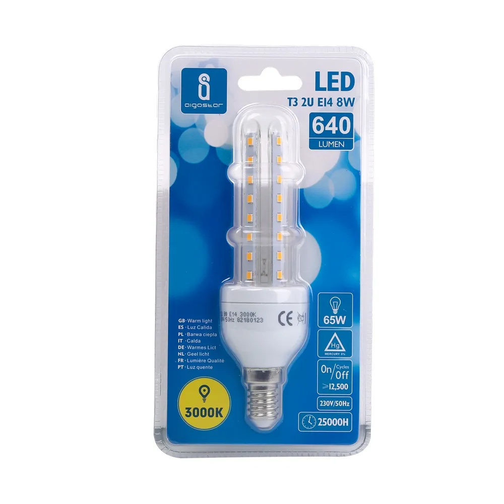Lampadina Led E14 a tubo a U 8W Bianco caldo 3000K Aigostar